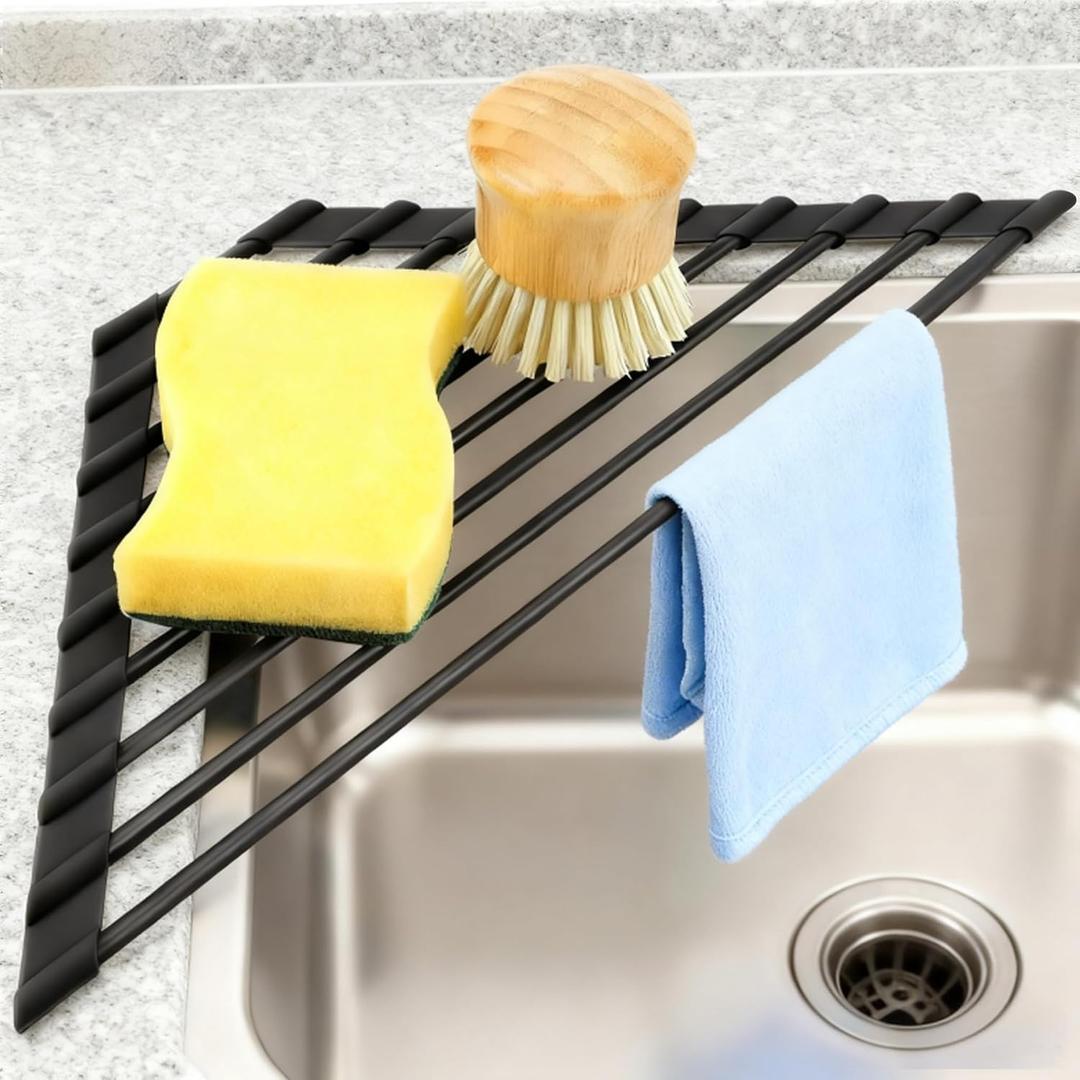 MERRYBOX Triangle Roll Up Dish Drying Rack Over The Sink, 2025 Anti-Rust Sink Drying Rack with Full Silicone Wrapped- Anti-Slip, Space Saving, Durable Organizer for Kitchen (Triangle: 15.75" x 9" x 3")