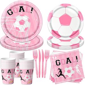 Soccer Party Decorations,120Pcs Pink Soccer Plates and Napkins Soccer Birthday Party Decorations Tableware Set for Girls Soccer Sports Theme Birthday Decorations