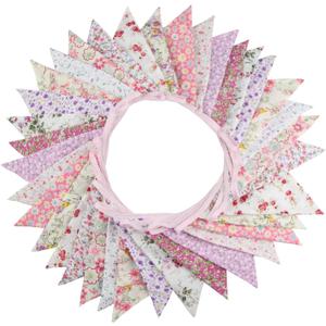 10M/32Ft Triangle Bunting Banner, 36 Pcs Cotton Fabric Flags Pennant Garlands for Birthday Party, Wedding, Baby Shower, Outdoor and Home Decorations (Pink)