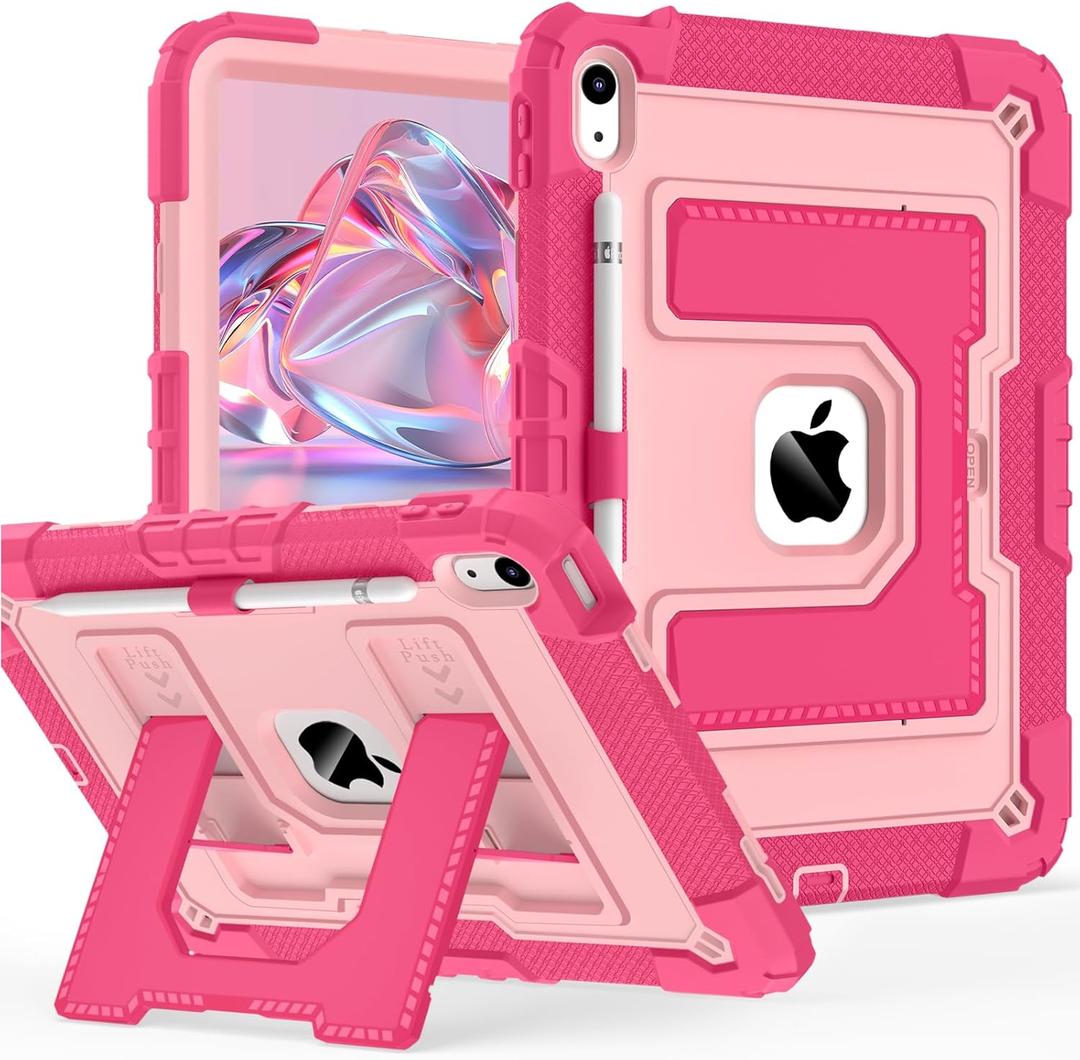 Case for iPad (A16) 11th Generation 11 Inch 2025, iPad 10th Generation Case 10.9 Inch 2022, Heavy Duty i Pad Cover 10th Gen with Large Kickstand Pen Holder Shoulder Strap, Pink Rose