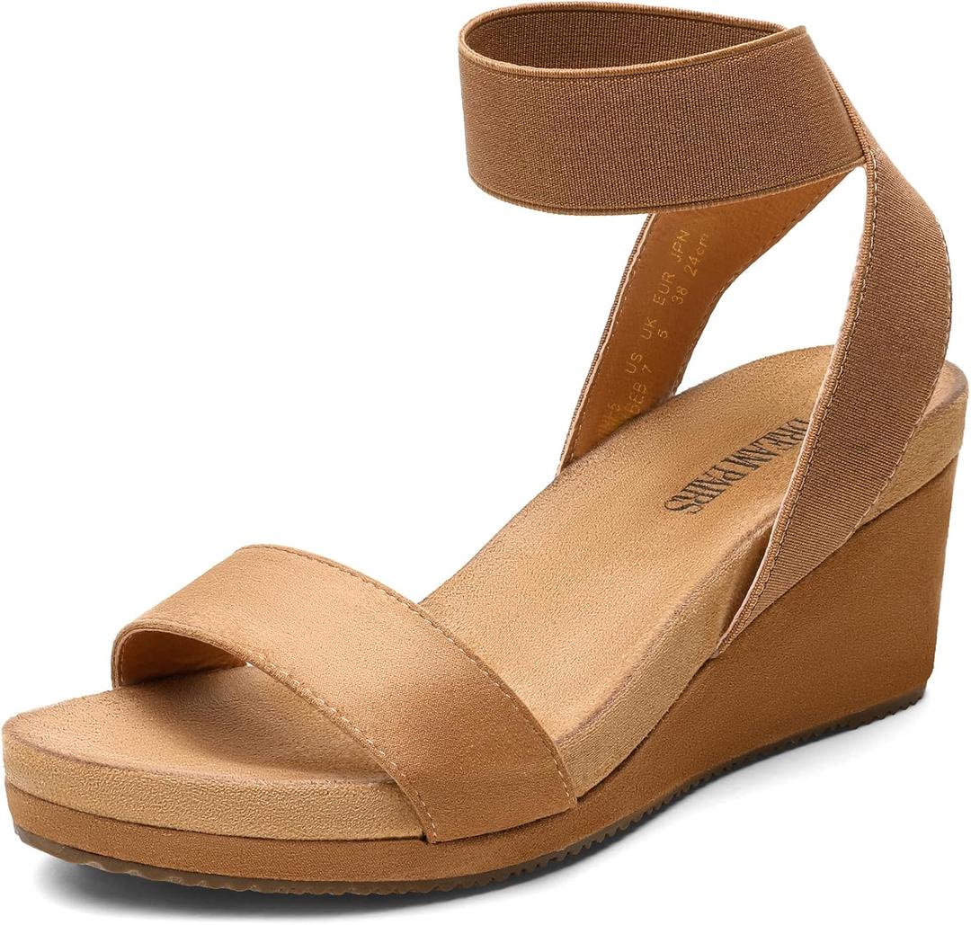 DREAM PAIRS Womens Elastic Ankle Strap Open Toe Platform Wedge Sandals Comfortable Summer Shoes (8.5, Camel)