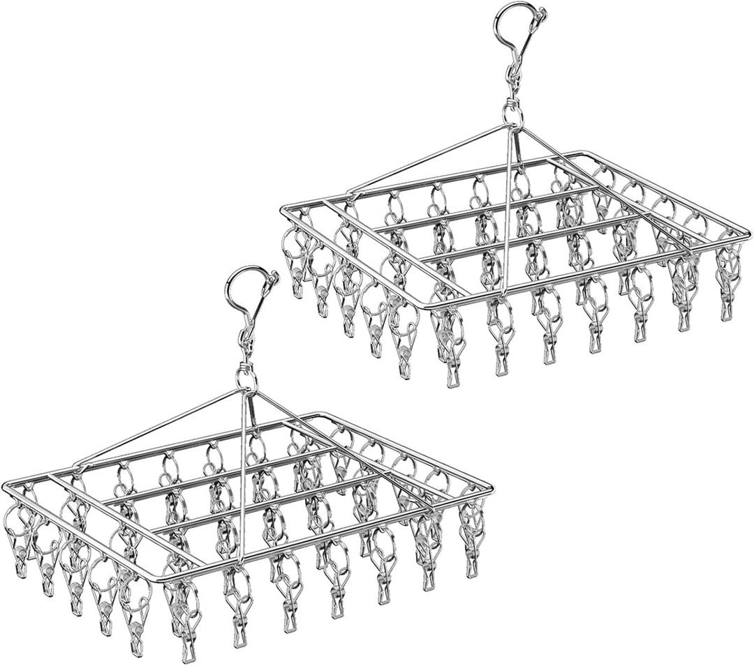 2PCS Folding Sock Dryer with 40 Pegs, Metal Sock Hangers with Clips, Underwear Hanger for Washing Line Accessories,Stainless Steel Clothes Sock Drying Rack,Laundry Drip Airer Hanger with Pegs