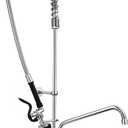 Commercial Kitchen Faucet with Pre-Rinse Sprayer 47" Height 8" Center Brass Constructed Wall Mount Kitchen Sink Faucet with Coiled Spring Pull Down Spray and 12" Add-on Swing Spout