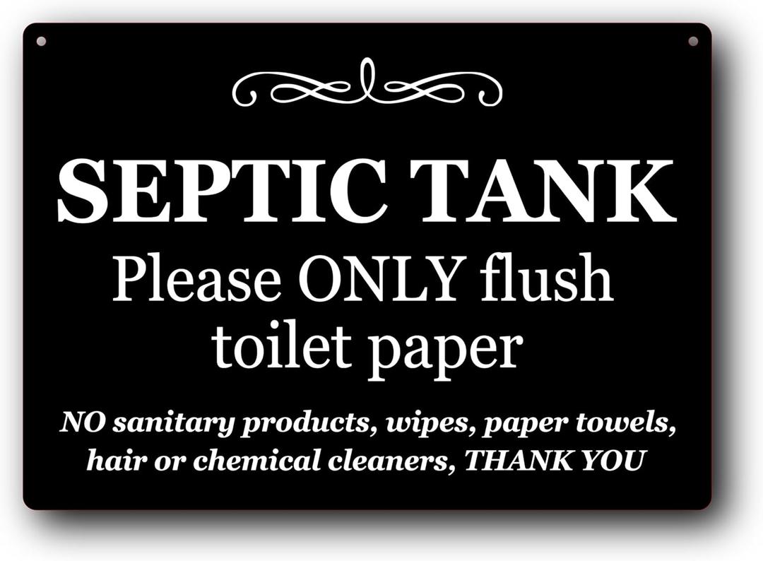 Septic Tank Sign 297mm x 210mm A4 - Black UV Printed Aluminum Composite - Septic Tank Please Only Flush Toilet Paper Sign - Indoor & Outdoor Use with Twine for Easy Hanging
