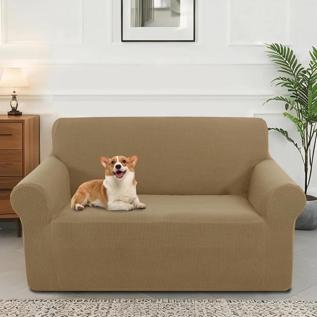 Stretch Couch Cover Washable Sofa Slipcover Furniture Protector with Non Skid Foam and Elastic Bottom for Kids, Dog(Loveseat/Sand) (Medium)