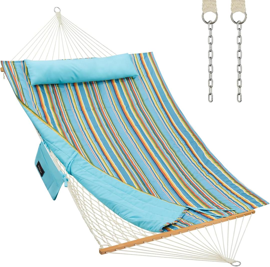 CHULIM Outdoor Double Hammock with Hardwood Spreader Bars, Large Rope Hammock with Polyester Pad and Pillow, 475 LBS Capacity for 2 Person Patio Backyard Poolside - Bule Stripe