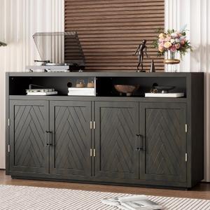 Merax Sideboard Buffet Cabinet with Storage Open Adjustable Shelves and Unique Grooved Lines Pattern, Retro Kitchen Cupboard Media Console Table for Coffee Bar, Dining Room& Living Room, Black