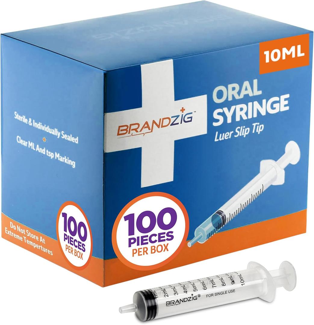 10ml Oral Syringes - 100 Pack Luer Slip Tip, No Needle, Individually Blister Packed - Medicine Administration For Infants, Toddlers and Small Pets (No cover)