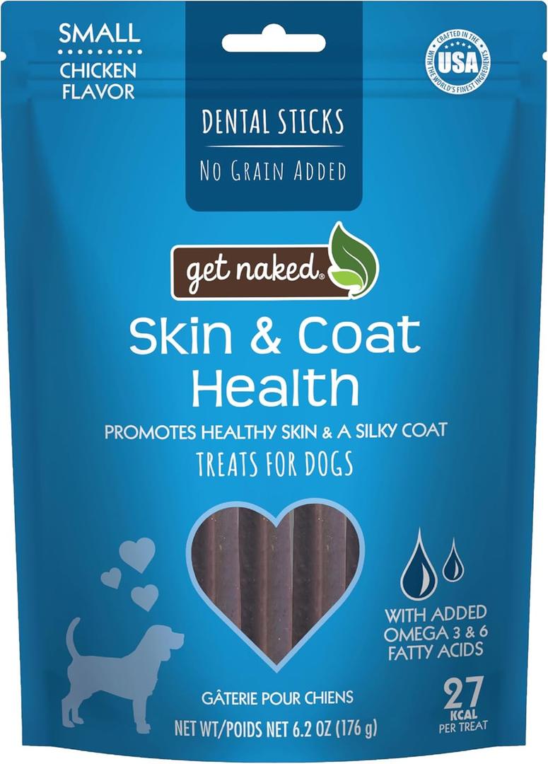 3 x Get Naked Grain Free 1 Pouch 6.2 Oz Skin & Coat Dental Chew Sticks, Small (EXP 08/07/27)