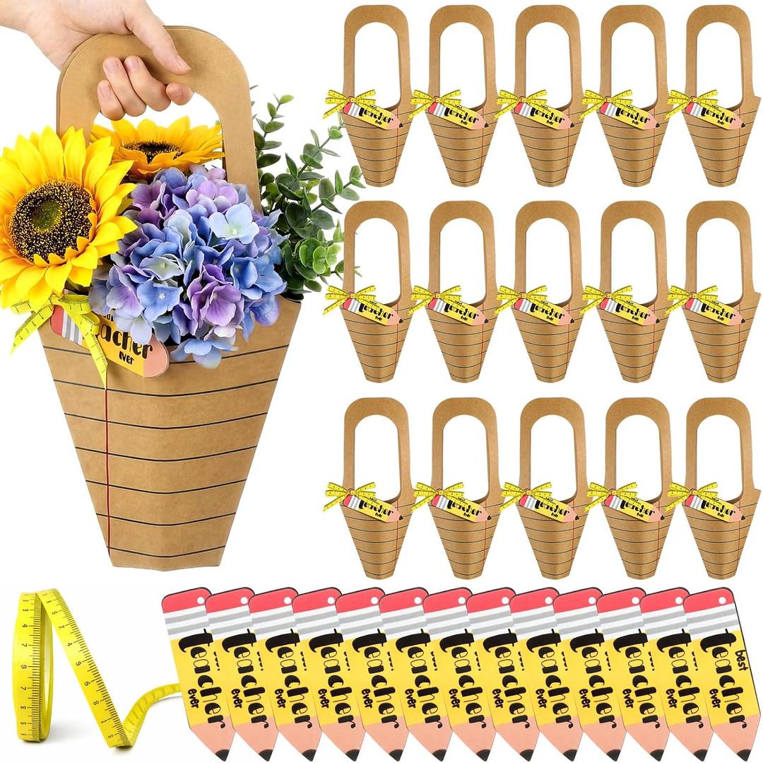 Eaasty 30 Sets Flower Bouquet Holder Teacher Appreciation Week Gifts in Bulk Kraft Paper Flower Bar Wrapping Paper with Handle Pencil Signs Measuring Tape Decorative Ribbon for Thank You Gift Bags