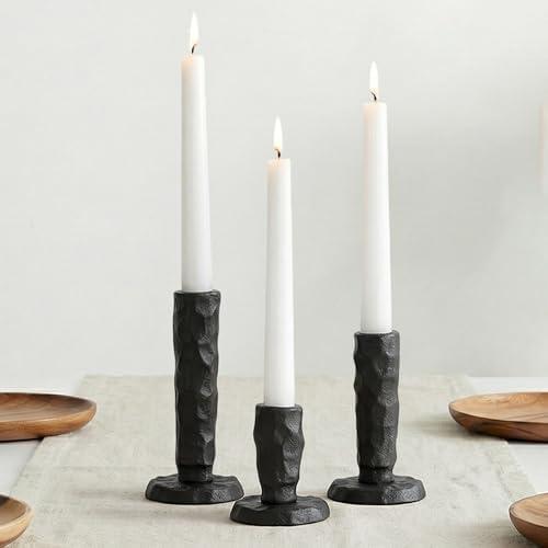 Sziqiqi Black Iron Candlstick Holders: Cast Iron Taper Candle Holder for Candlesticks - Hammered Short Candleholder Set of 3 for Dining Table Mantle Fireplace
