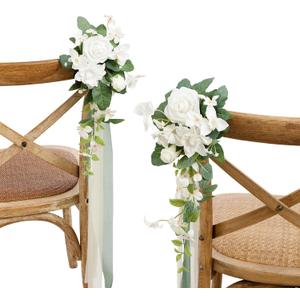 Ling's moment 8pcs Wedding Artificial Aisle Pew Flowers Chair Decorations White & Sage Green Arrangements with Chiffon Ribbons for Ceremony Chair Back Floral Reception Church Party Outdoor