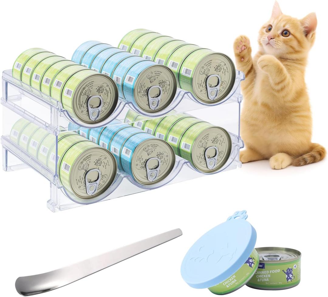 Cat Can Storage Organizer for Pantry, High Clear Acrylic Dog Canned Food Storage Rack 2 Tier Stackable Shelf for Pet Cans Dispenser with Can Cover Lid and Spoon