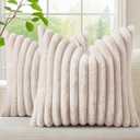 decorUhome Summer Cozy Faux Fur Throw Pillow Covers 18x18 Set of 2 Decorative Soft Plush Striped Modern Farmhouse Boho Couch Pillow Cases with Velvet Back for Sofa Bed Living Room, Beige