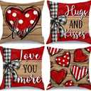 GEEORY Valentine's Day Love You More Hugs and Kisses Throw Pillow Covers 18x18 Inch Set of 4, Red Hearts Stripes Decorative Farmhouse Wedding Cushion Case for Home Decoration G652-18 (Wood)