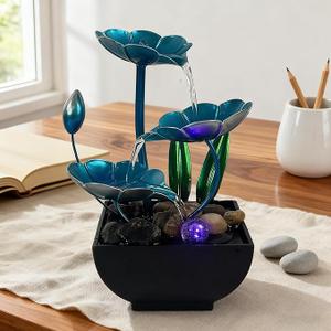 AOZITA Tabletop Fountain, Indoor Waterfall Fountain, Small Home Décor Zen Relaxation Soothing Sound Machine for Office, Living Room, or Bedroom,Blue Metal Lotus with Bud, River Rocks, LED