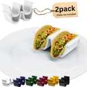 HolaTasty Taco Shell Holder Ceramic, Dual Taco Stand for Plates - Compact Taco Rack 2-Slot for Street/Hard Shell Tacos, Party Taco Server Mini Taco Holder, Taco Heater for Microwave Oven - Set of 2 (White - 2 Pack)