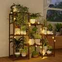 Bamworld Plant Stand Indoor with Flower Fairy Lights Battery Plant Shelf Wood Plant Rack for Multiple Plants 3 Tiers Ladder Plant Holder for 7 Pots for Living Room Home Decor for Gardening Gifts