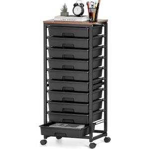 Rolling Cart with Drawers,10 Drawer Rolling Cart,Storage Cart,Utility Cart,Teacher Cart for Classroom Storage,Craft Cart with Wheels and Wooden Tabletop,Black