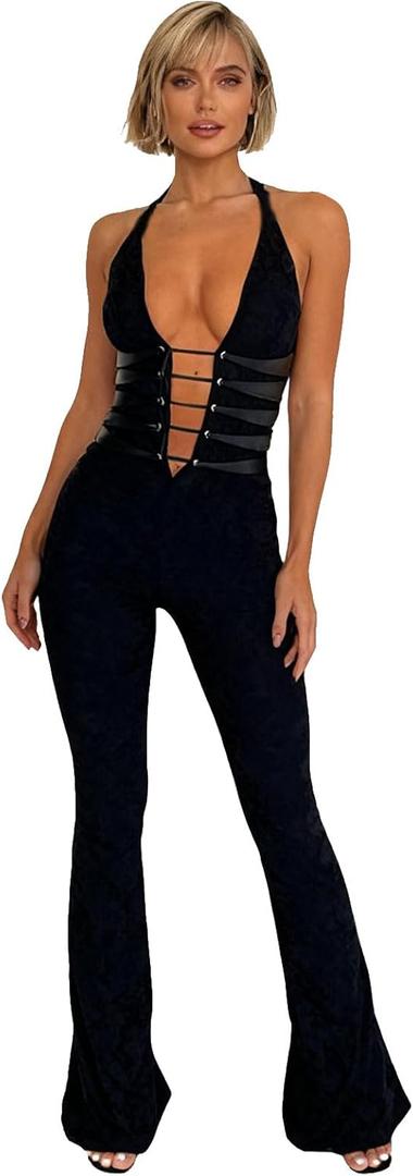 MXVPY Women Sheer Mesh Lace Jumpsuit Sexy Sleeveless See Through Hollow Out Bodycon Jumpsuits One Piece Club Party Romper (Black, S)