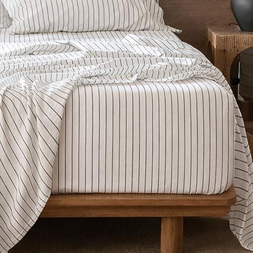 MooMee Fitted Bottom Sheet Only 100% Washed Cotton Linen Like Textured Breathable Durable Soft Comfy Deep Pocket Fits Mattress up to 17" (White Dark Grey Wide Stripes, King)