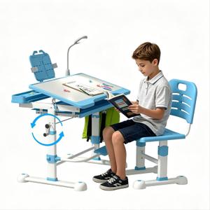 Kids Desk and Chair Set for Ages 3-12,Student Height Adjustable Desk 54°Tilt Desktop, Storage Drawer, 3 Brightness LED Light, Bookstand, Adjustable Study Set for Girls Boys in Home and School, Blue, Kids Desk and Chair Set
