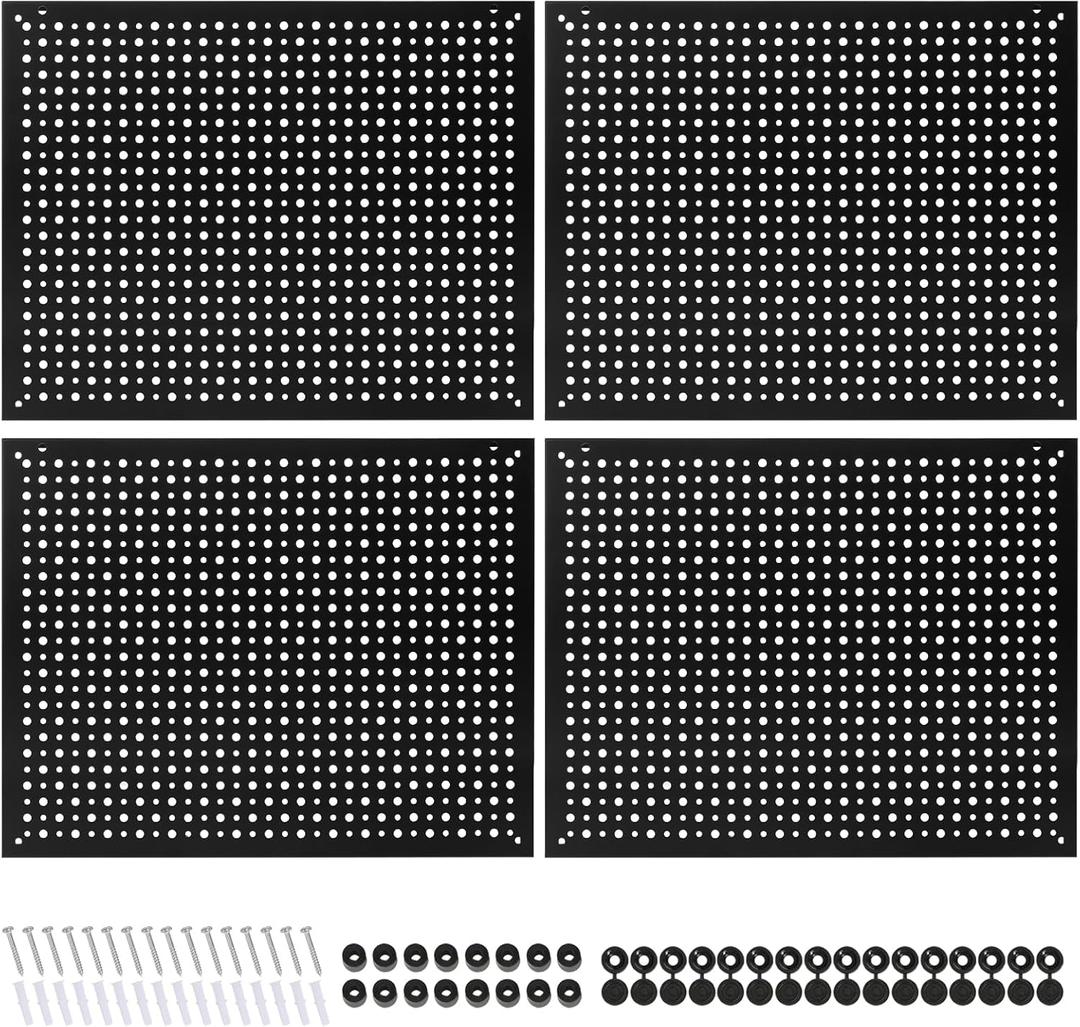 4 Pack Heavy Duty Steel Pegboard Garage Organization Panels,Universal 1/8 and 1/4 Pegboard Accessories,Suitable for Tool Storage,Garage Storage etc.(Black, 16X12)