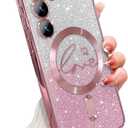 for Samsung Galaxy S24 Case Magnetic,for Women Girl Soft Cute Luxury Love Heart Plating Bling Glitter Gradient Clear Phone Case Compatible with MagSafe Shockproof Back Cover 6.1-Pink