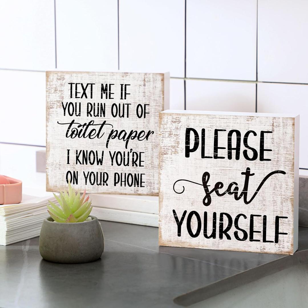 Jetec 2 Pieces Farmhouse Bathroom Signs Decor Wooden Box Sign Funny Bathroom Wall Art Rustic Wood Plaque Please Seat Yourself Decor for Home Restroom(Yellow)