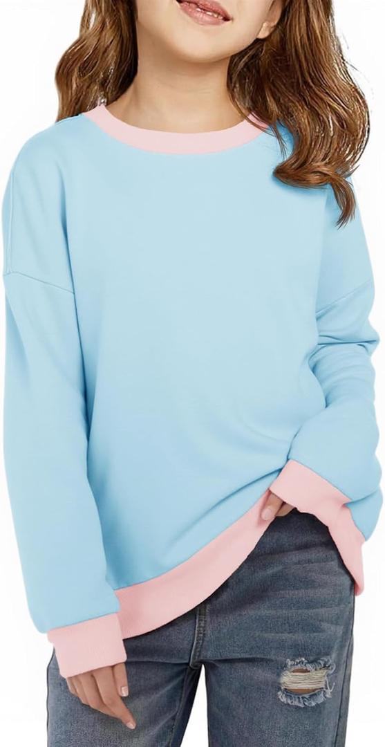 2 x Haloumoning Girls Crewneck Sweatshirts Kids Casual Long Sleeve Loose Tops Fall Comfy Lightweight Pullovers 5-14 Years