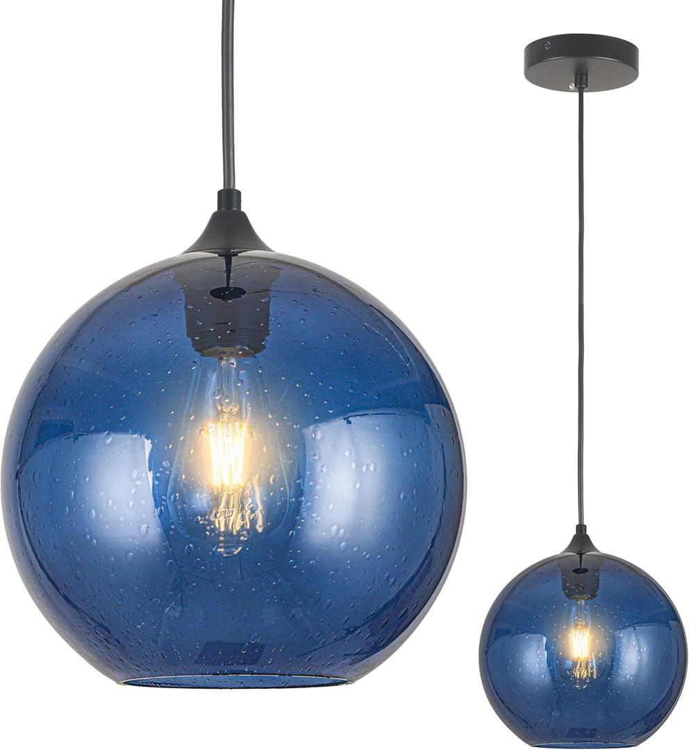 Blue Glass Pendant Lights Kitchen Island Lighting Modern Globe Pendant Light Fixtures Modern Pendant Lights for Kitchen Island Bedroom Living Dining Room Light Fixture,9.8inch