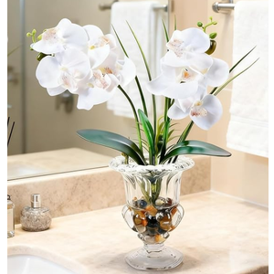 Jusdreen Artificial Orchid Centerpiece with Glass Vase, 14.5 Inch Lifelike Phalaenopsis Bonsai for Home Office Table Decor, White Orchid Arrangement with Potting