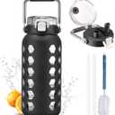 MUKOKO 64oz Glass Water Bottles with Straw and Lid,Half Gallon Water Bottle with Time Marker,Large Glass Water Jug with Silicone Sleeve and Stainless Steel Handle-Black