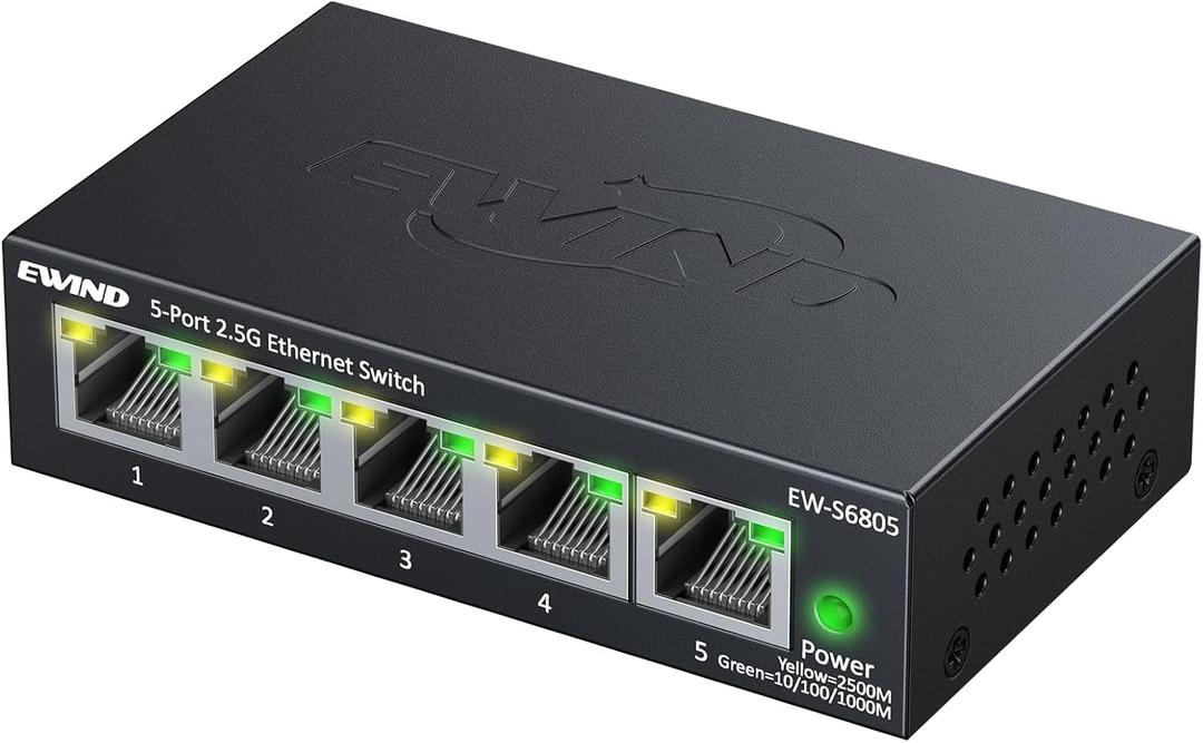 EWIND 2025 Upgraded 5-Port 2.5GB Switch with LED, 5 x 2.5G Multi-Gigabit Unmanaged Ethernet Switch, Lifetime Protection, Plug & Play, Fanless Quiet, Desktop/Wall Mount Metal Ethernet Splitter