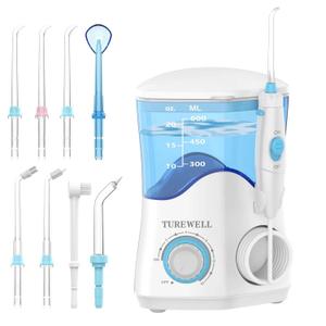 TUREWELL Water Dental Flosser for Teeth/Braces, Water Teeth Cleaner 8 Jet Tips and 10 Pressure Levels, 600ML Large Water Tank Oral Irrigator for Family, (White)