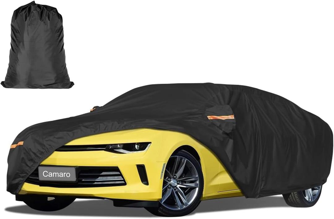 Car Cover Waterproof All WeatherCustom Fit for Chevy Camaro 2010-2025, Heavy Duty Outdoor Full Exterior Cover for Automobiles, Sun Rain UV Dust Snow Protection with Door Zipper-Black
