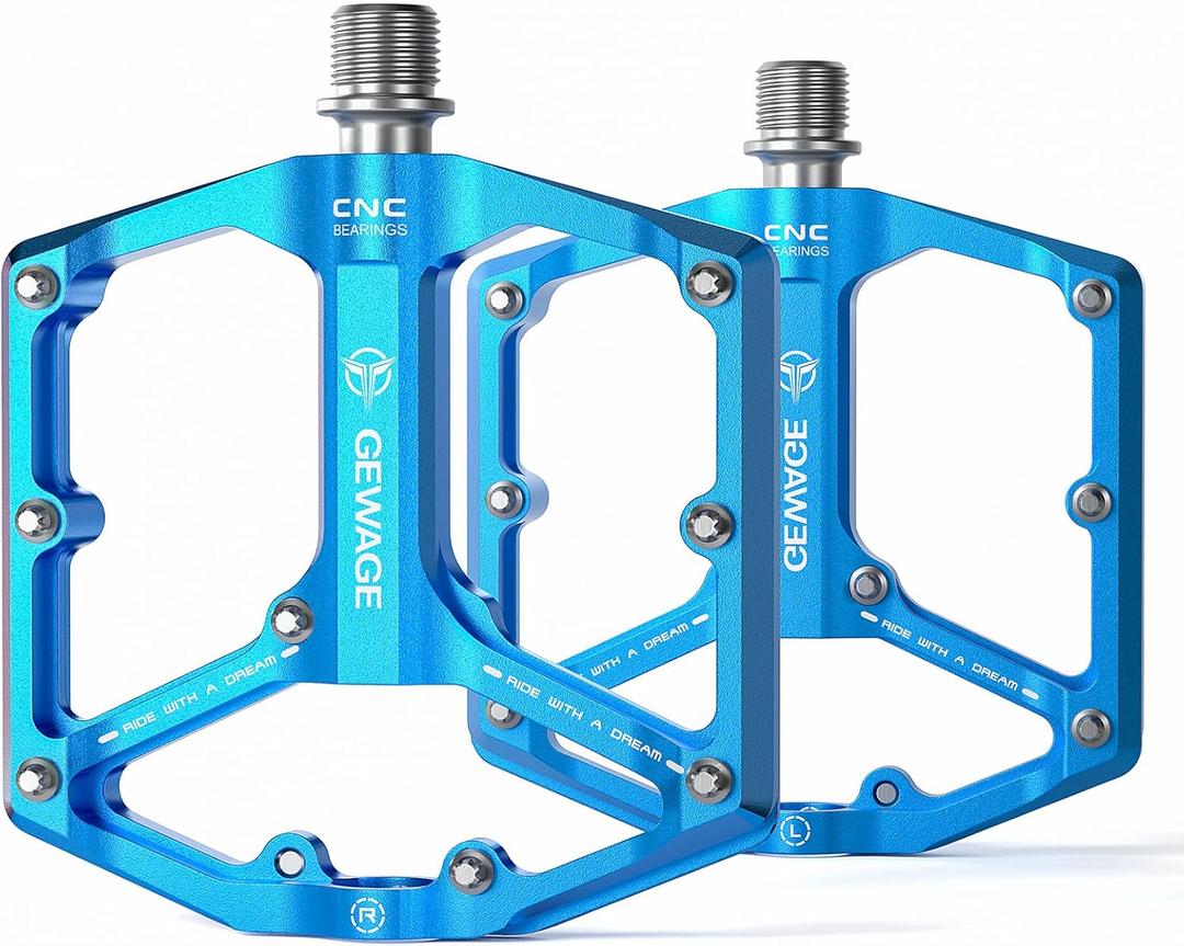 Road/Mountain Bike Pedals - 3 Bearings Bicycle Pedals - 9/16 CNC Machined Flat Pedals with Removable Anti-Skid Nails (Blue)