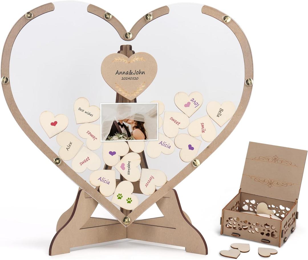 SELEAD Wedding Guest Book Alternative - Rustic Heart Drop Top Picture Frame Acrylic Sign with 80psc Wooden Hearts, Exquisite Box - Wedding Reception for Party Anniversary Birthday