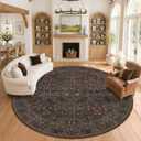Dark Brown Large 10ft Round Rug for Living Room, Washable Boho Area Rugs for Bedroom, Dining Room Under Table Non Slip, Oriental Circle Floral Carpet Indoor Décor, Low Pile Stain Resistant