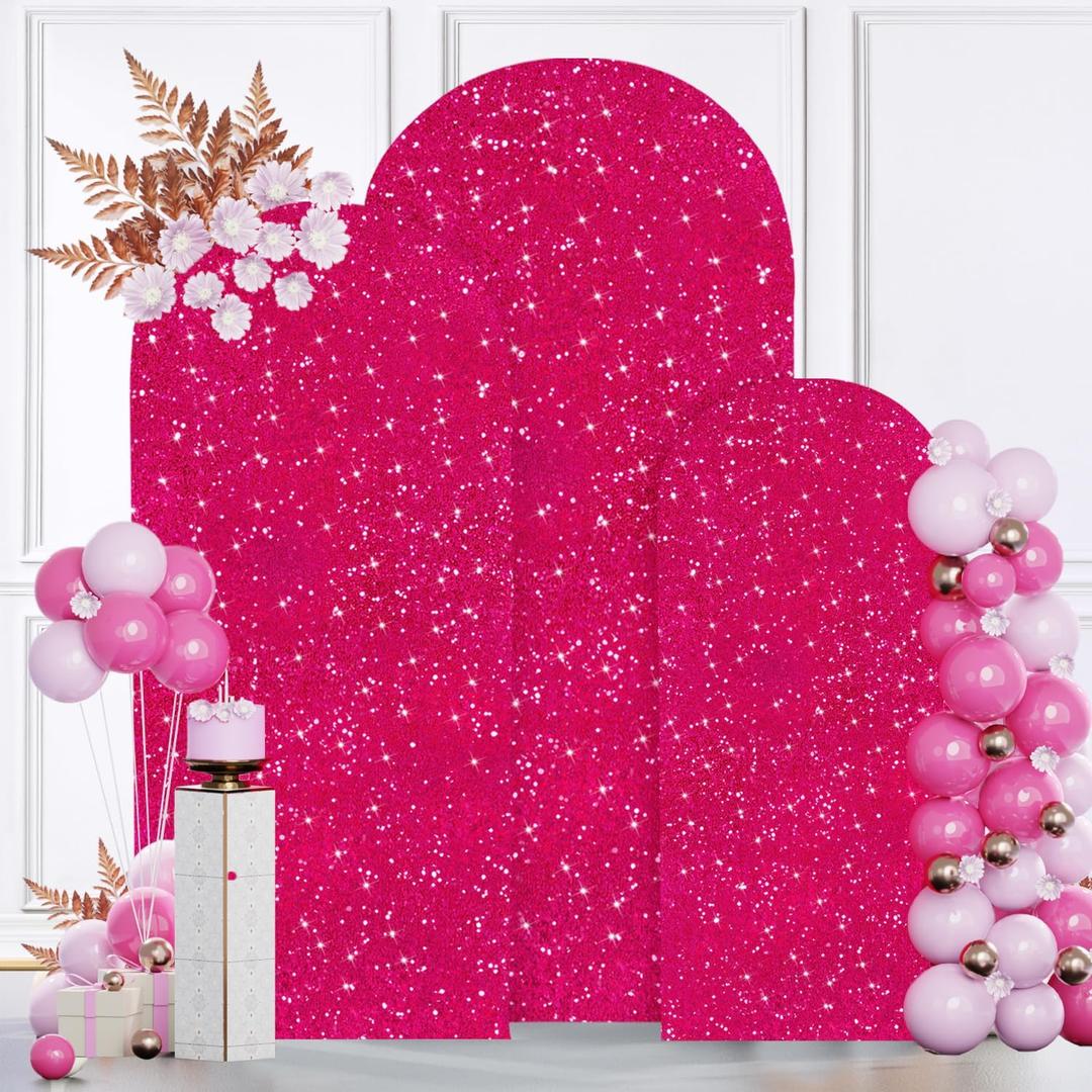 MODFUNS Set of 3 Sequins Arch Cover Hot Pink Shimmer Arch Stand Cover 4ft 5ft 6ft Stretchy Spandex Arch Covers Round Top Arch Backdrop Cover Glittery Chiara Cover for Birthday Party Event Decor