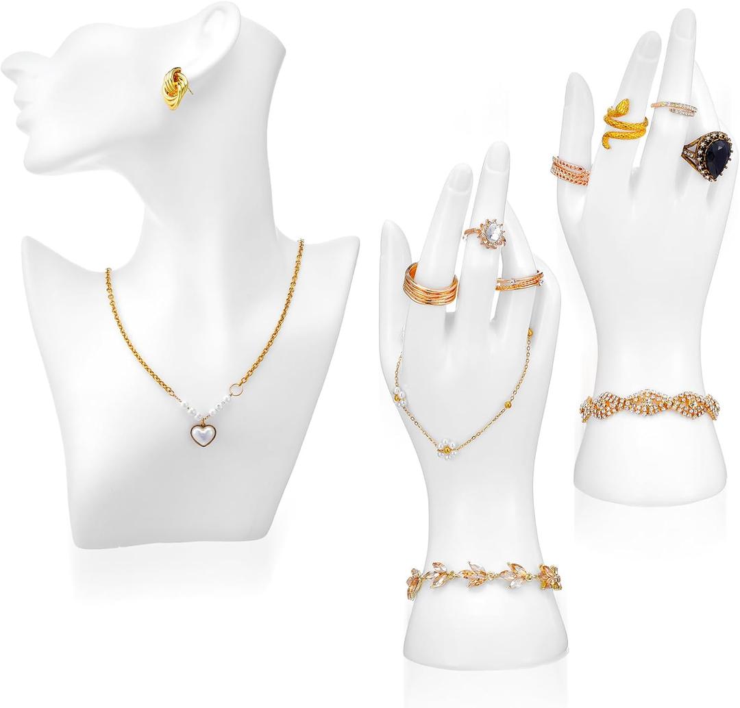 3 Pcs Jewelry Mannequin Display Set - White PVC Bust Holder with 2 Hand Displays for Necklace, Earring, Bracelet & Ring Showcase - Elegant Jewelry Display Mannequins for Boutique & Photography
