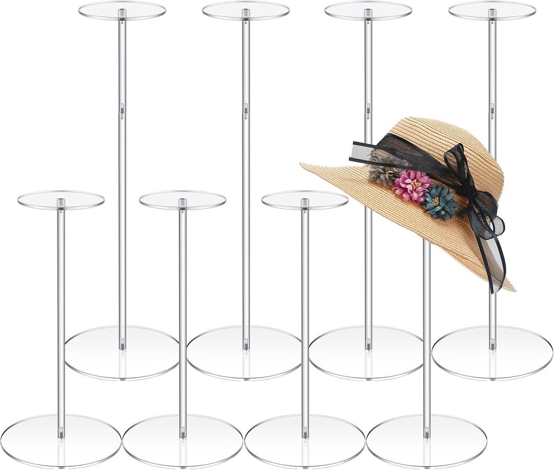 Geetery 8 Pcs Acrylic Hat Stand 12" to 17" Adjustable Clear Wig Display Rack Height Table Hat Holder Pedestal With Round Barbell Base Organizer Acrylic Risers