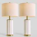 USumkky 25.75" White Fluted Ceramic Table Lamp Set of 2, Modern Farmhouse Bedside Nightstand Lamps for Bedroom Living Room, Oatmeal Linen Shade & Gold Metal Base, Rotary Switch E26 (Bulbs Excluded)