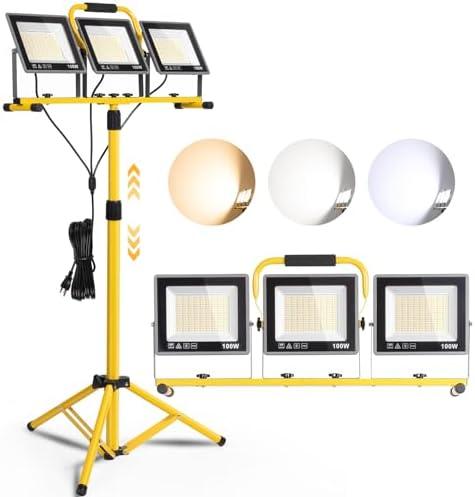 31000 Lumen LED Work Lights with Stand, Portable 3 Head Work Lights with Individual Switch (3000K/5000K/6500K Select) & 16.5FT Cord, IP66 Waterproof Foldable Tripod Stand Worklights for Outdoor Indoor