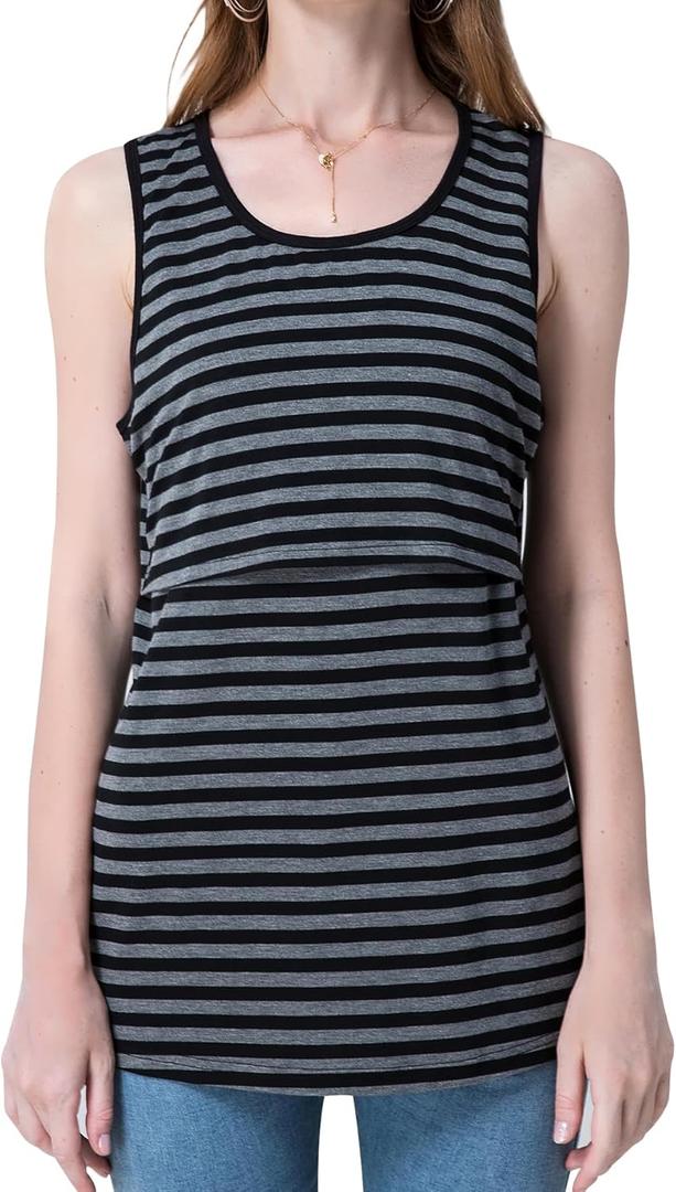 Sosolism Sleeveless Maternity Nursing Tank for Breastfeeding Clothes, Striped (Black, XL)