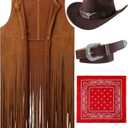 Hercicy Western Outfits for Women Cowgirl Tassel Sleeveless Vest Cowboy Hat Belt and Paisley Bandana for Halloween Dress Up (Small, Brown)