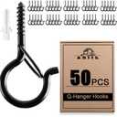 ADIIL 50 PCS Q Hanger Hooks with Safety Buckle, Windproof Screw Hooks for Hanging Outdoor String Lights, Plants, Christmas Patio Lights, 2.2 Inches, Black