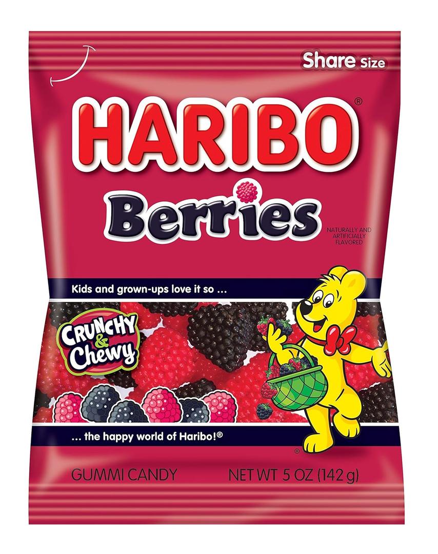 HARIBO Gummi Candy, Berries Gummy Candy, 5 Ounce Share Size Bags (Pack of 12) Delicious Soft & Crunchy, Chewy Sweet Snacks, Red & Black Berry Fruit Flavor BB 6/2026