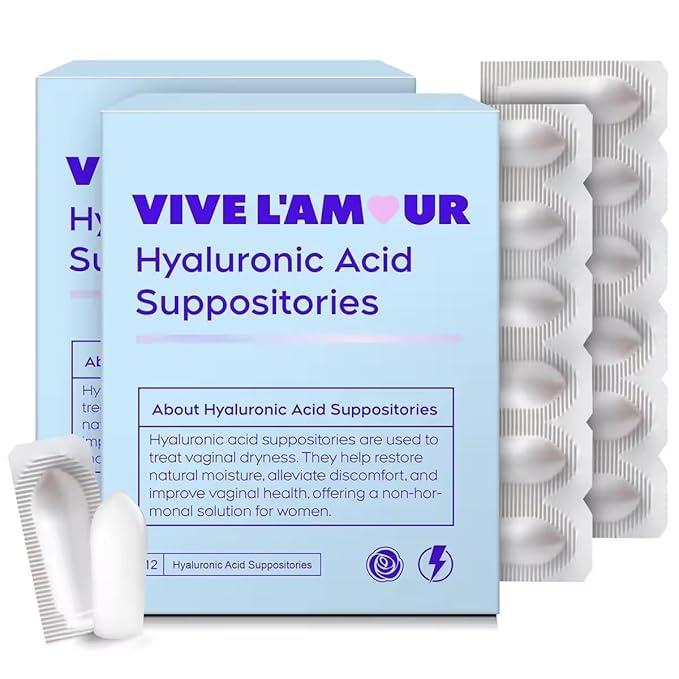 Vive L'Amour 15mg Hyaluronic Acid Vaginal Suppositories (2-Pack, 24 Count), Vaginal Moisturizer, Continuous Hydration, Relieves Vaginal Dryness, Restores Natural Softness & Elasticity, Vaginal Health (White)