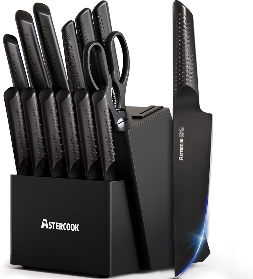 Astercook Knife Set, 15 Pieces Kitchen Knife Sets with Block and Built-in Knife Sharpener, German Stainless Steel Handle One-Piece Design Knives Block Set Dishwasher Safe, Black